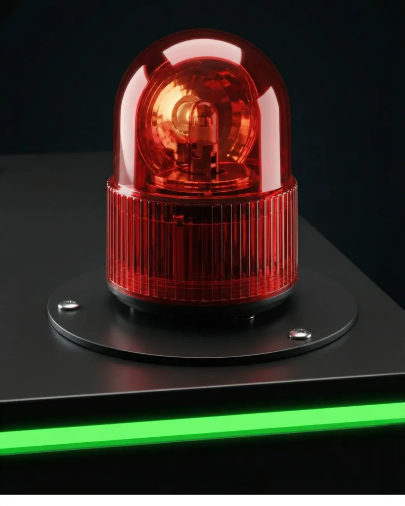 Het rode flitslicht op de bovenzijde van de kluis, met de groene statusverlichting eronder