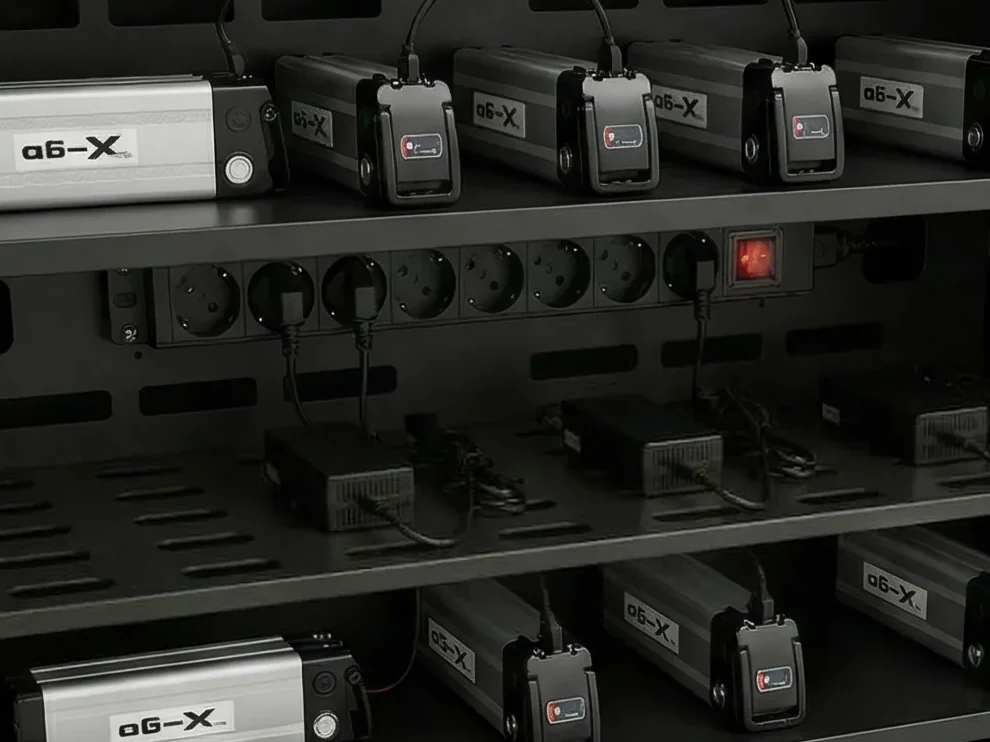 Lader-legborden met e-bike accu's die aan hun eigen lader hangen, de laders op het legbord ernaast